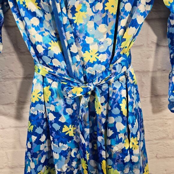 L Oscar De La Renta Pink Label VTG Blue Floral Slip & Robe Set Sze L Satin Bloom - Picture 4 of 16